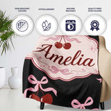 Cherry Bow Ribbon Cute Light Grey Minimal Background Seamless Lovely  Personalised Custom Name Super Soft Fleece Blanket Bed Sofa Throw