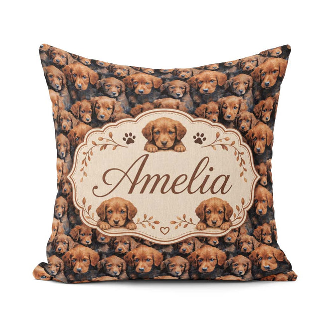 Custom Name Realistic Brown Puppy Dogs Close Up Seamless Pattern Square Filled Cushion Throw Pillow Sofa Bed Home Decor Zip Washable UK Made