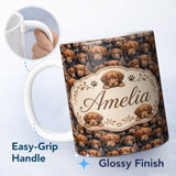 Personalized Custom Name Realistic Golden Brown Puppy Dogs Close Up Seamless Pattern Name 11oz Ceramic Coffee Tea Mug White Large Handle