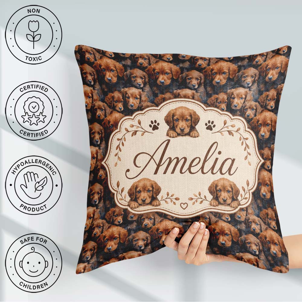 Custom Name Realistic Brown Puppy Dogs Close Up Seamless Pattern Square Filled Cushion Throw Pillow Sofa Bed Home Decor Zip Washable UK Made