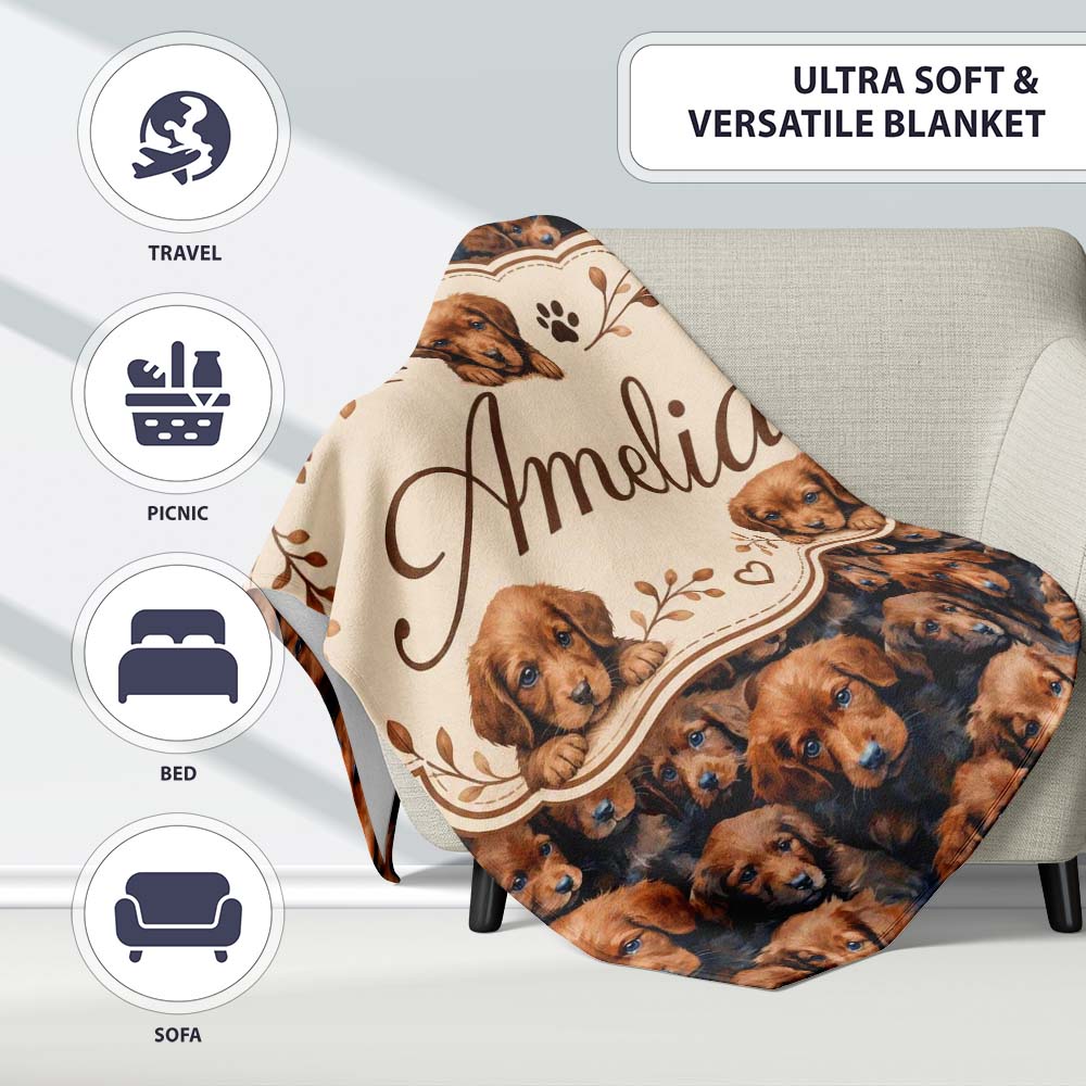 Realistic Golden Brown Puppy Dogs Close Up Seamless Pattern Name  Personalised Custom Name Super Soft Fleece Blanket Bed Sofa Throw