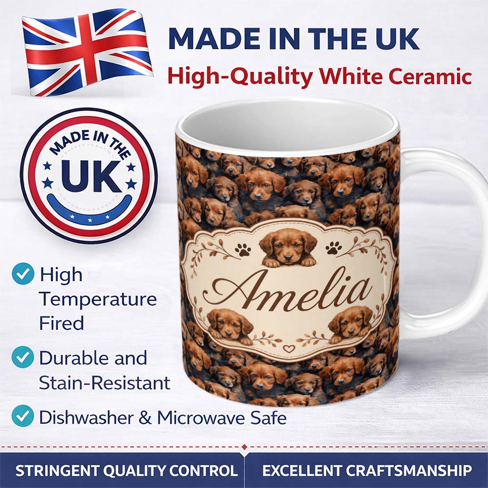Personalized Custom Name Realistic Golden Brown Puppy Dogs Close Up Seamless Pattern Name 11oz Ceramic Coffee Tea Mug White Large Handle