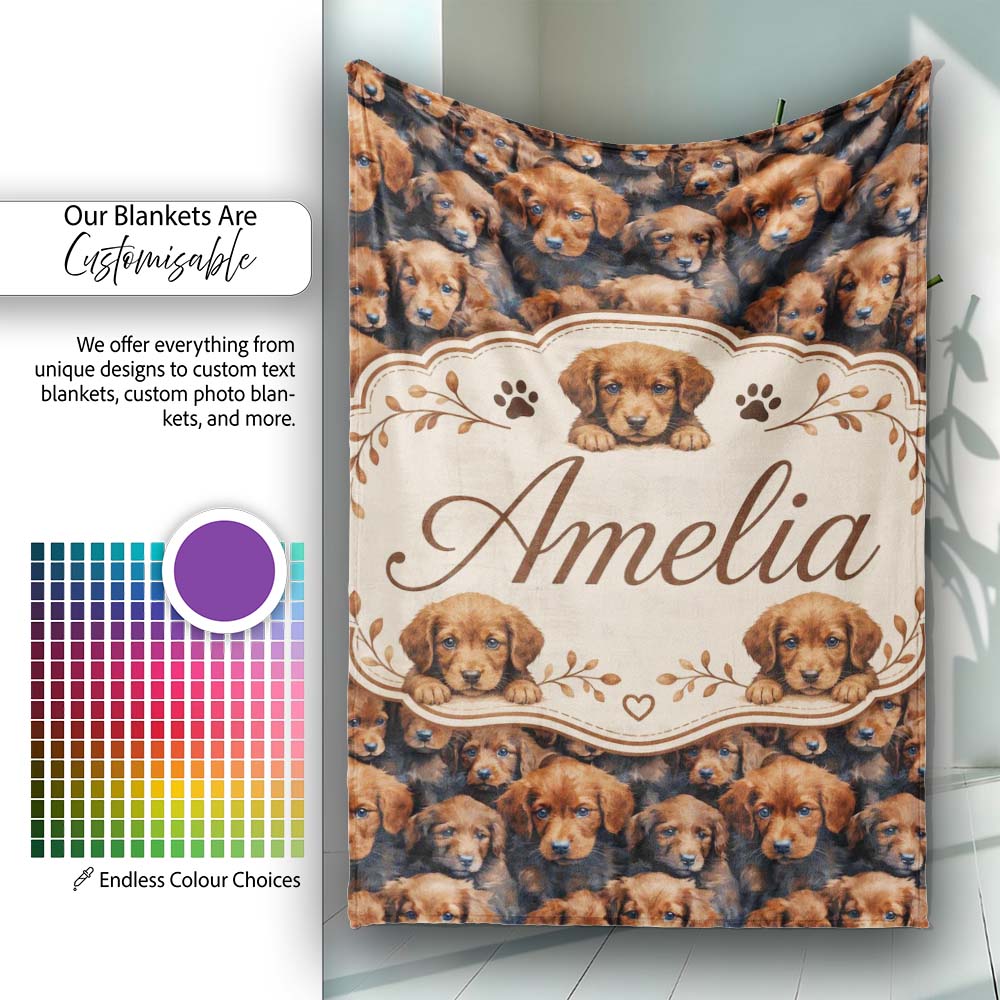 Realistic Golden Brown Puppy Dogs Close Up Seamless Pattern Name  Personalised Custom Name Super Soft Fleece Blanket Bed Sofa Throw