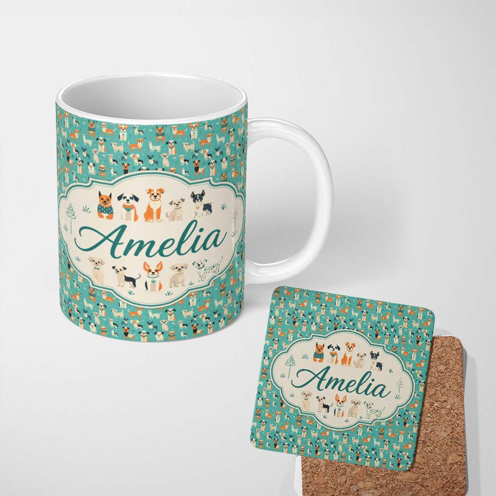 Personalized Custom Name Cute Cartoon Dogs on Teal Background Fun Seamless Pattern Name 11oz Ceramic Coffee Tea Mug White Large Handle