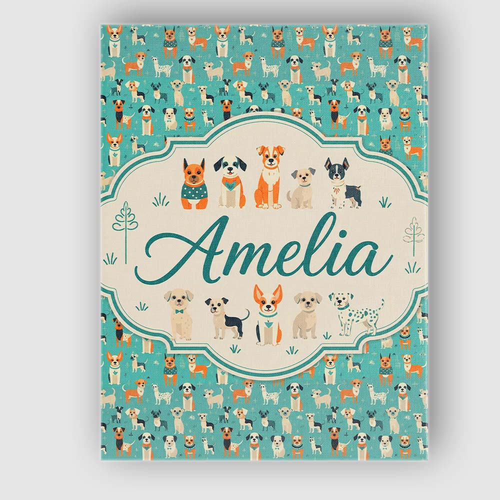 Personalised Name Cute Cartoon Dogs on Teal Custom  Bespoke Interior Contemporary Canvas Wall Art Print Decor Picture Ready to Hang