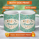 Personalized Custom Name Cute Cartoon Dogs on Teal Background Fun Seamless Pattern Name 11oz Ceramic Coffee Tea Mug White Large Handle