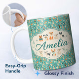 Personalized Custom Name Cute Cartoon Dogs on Teal Background Fun Seamless Pattern Name 11oz Ceramic Coffee Tea Mug White Large Handle