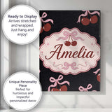 Personalised Name Cherry Bow Ribbon Cute Light Grey Minimal Background Custom Decorative Canvas Wall Art Print Decor Picture Ready to Hang