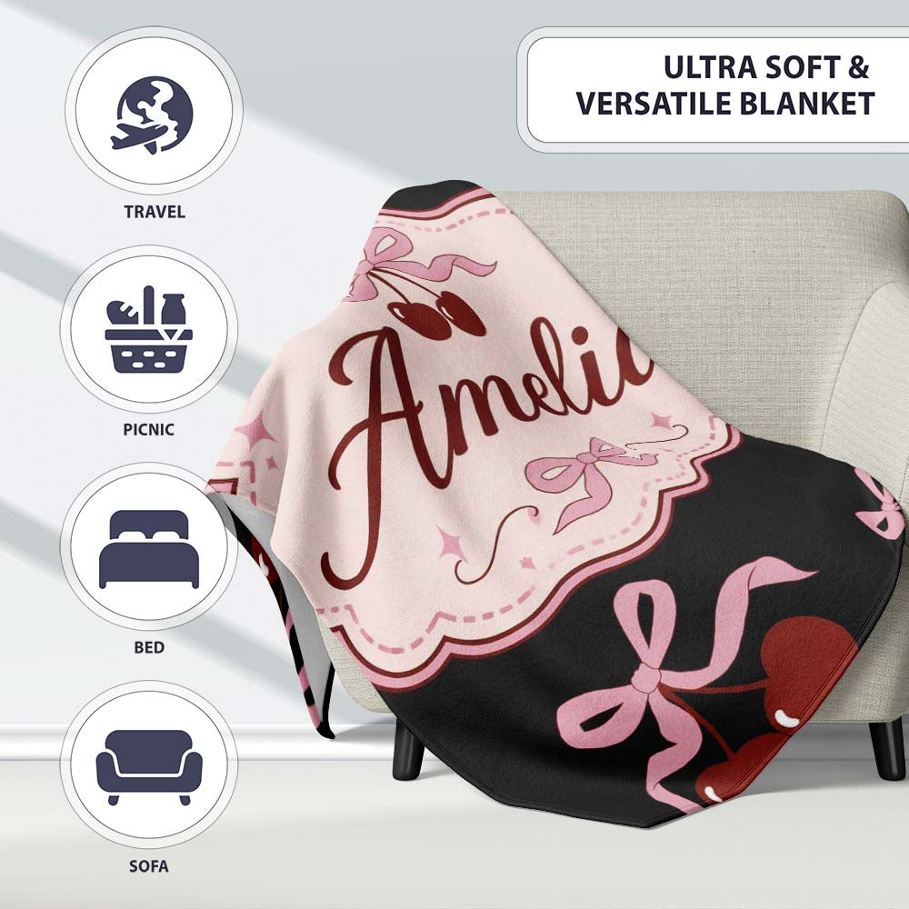 Cherry Bow Ribbon Cute Light Grey Minimal Background Seamless Lovely  Personalised Custom Name Super Soft Fleece Blanket Bed Sofa Throw