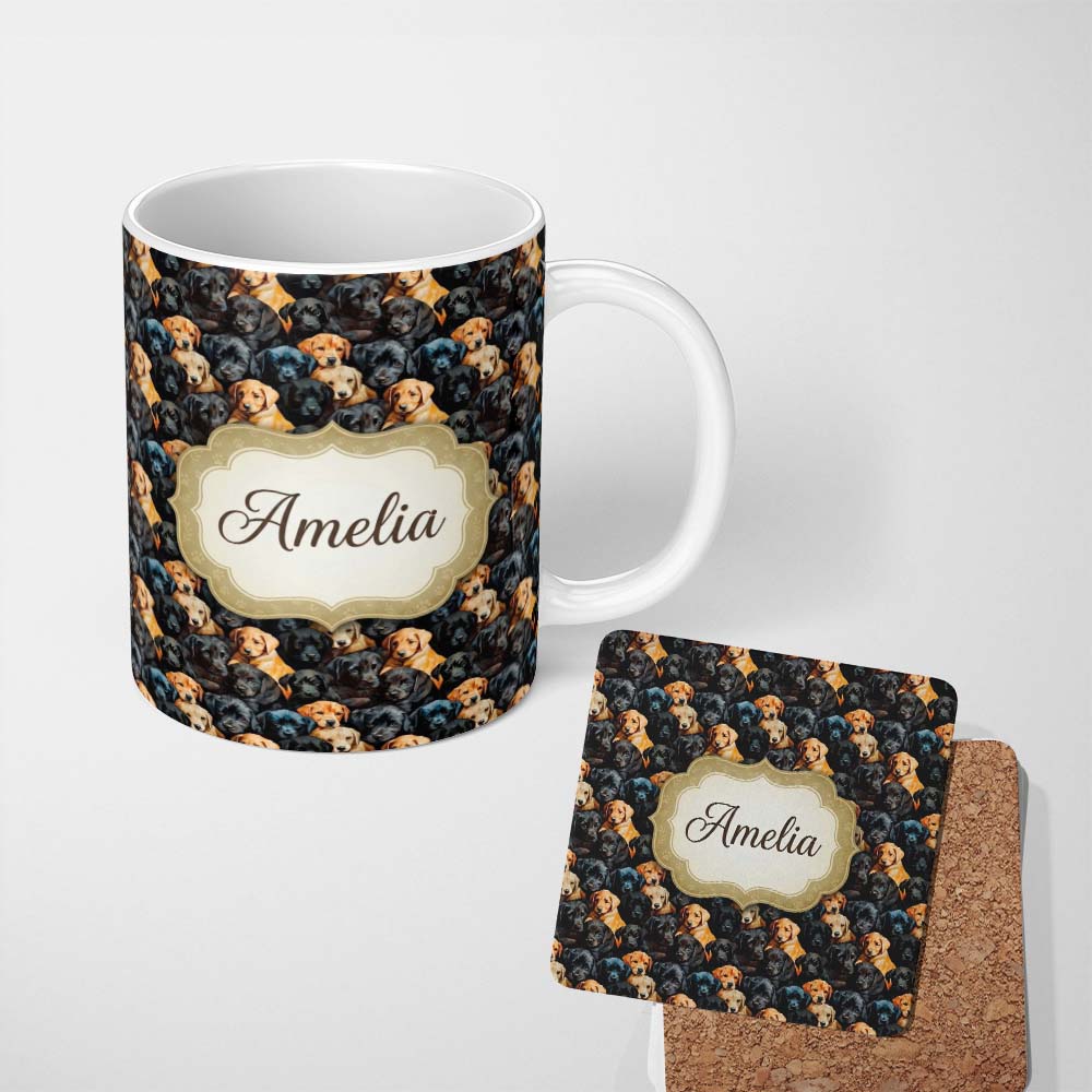 Personalized Custom Name Black and Golden Labrador Puppies Packed Seamless Pattern Custom 11oz Ceramic Coffee Tea Mug White Large Handle