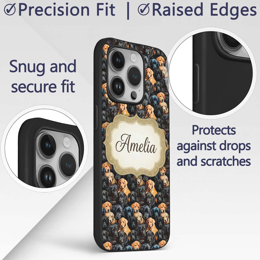 Black and Golden Labrador Puppies Packed Seamless Custom Name Protective Phone Case Mobile Cover Durable Everyday Smartphone Shock Resistant