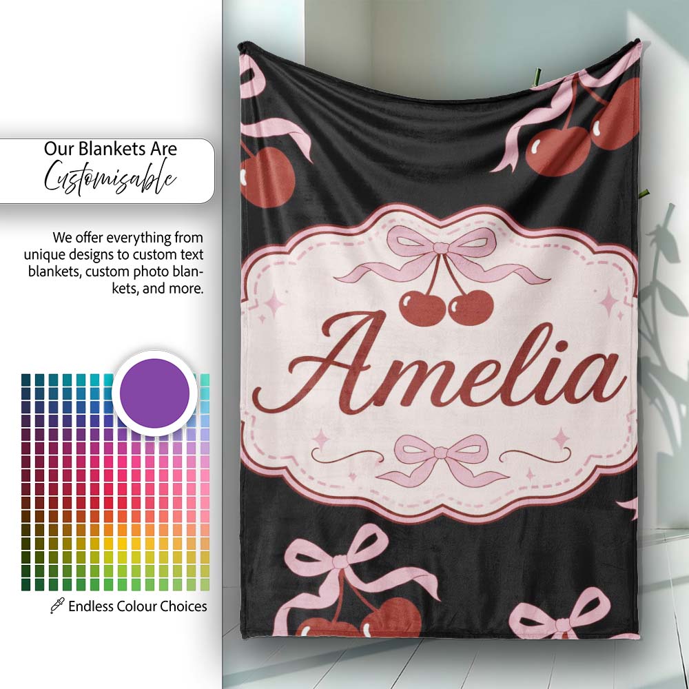 Cherry Bow Ribbon Cute Light Grey Minimal Background Seamless Lovely  Personalised Custom Name Super Soft Fleece Blanket Bed Sofa Throw