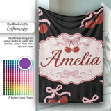 Cherry Bow Ribbon Cute Light Grey Minimal Background Seamless Lovely  Personalised Custom Name Super Soft Fleece Blanket Bed Sofa Throw