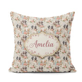 Custom Name Soft Fluffy Puppies with Pastel Flowers Pattern Name Square Filled Cushion Throw Pillow Sofa Bed Home Decor Zip Washable UK Made