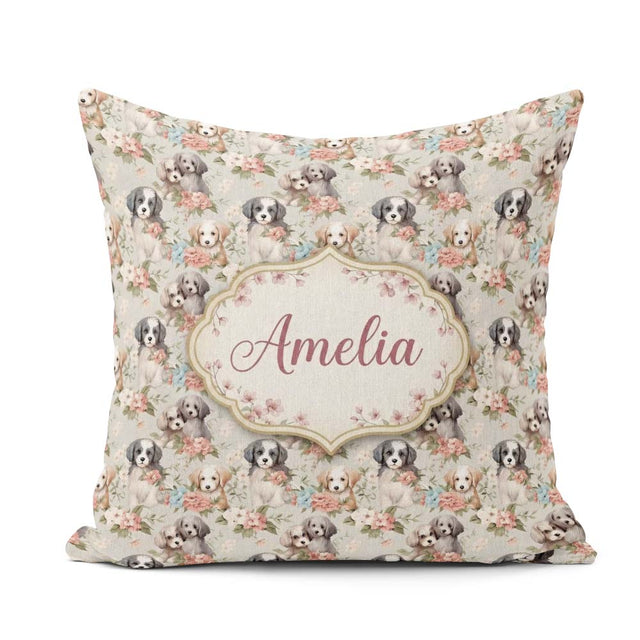Custom Name Soft Fluffy Puppies with Pastel Flowers Pattern Name Square Filled Cushion Throw Pillow Sofa Bed Home Decor Zip Washable UK Made