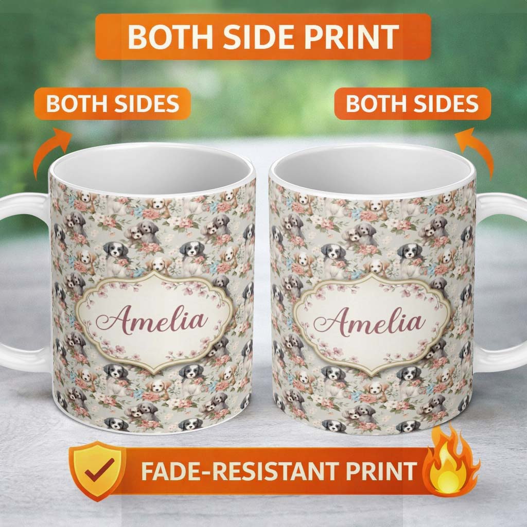Personalized Custom Name Soft Fluffy Puppies with Pastel Flowers Seamless Pattern Name Cute 11oz Ceramic Coffee Tea Mug White Large Handle