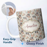 Personalized Custom Name Soft Fluffy Puppies with Pastel Flowers Seamless Pattern Name Cute 11oz Ceramic Coffee Tea Mug White Large Handle