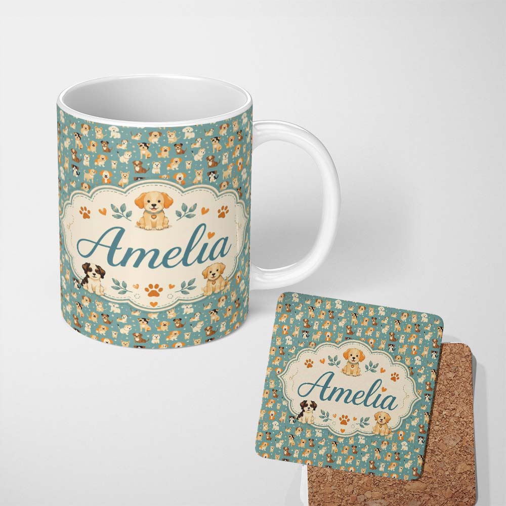 Personalized Custom Name Cute Cartoon Puppy Dogs with Hearts Teal Background Seamless 11oz Ceramic Coffee Tea Mug White Large Handle