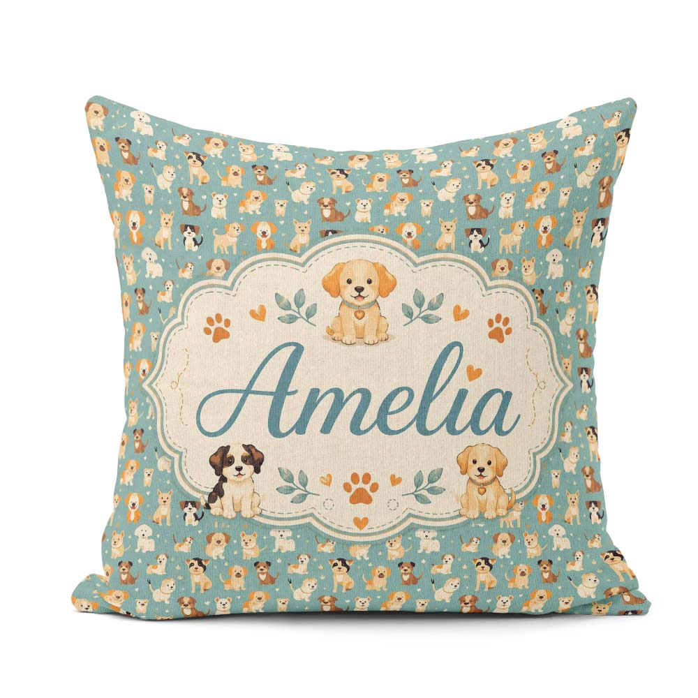 Custom Name Cute Puppy Dogs with Hearts Teal Background Seamless Square Filled Cushion Throw Pillow Sofa Bed Home Decor Zip Washable UK Made
