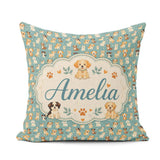 Custom Name Cute Puppy Dogs with Hearts Teal Background Seamless Square Filled Cushion Throw Pillow Sofa Bed Home Decor Zip Washable UK Made