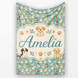 Cute Cartoon Puppy Dogs with Hearts Teal Background Seamless  Personalised Custom Name Super Soft Fleece Blanket Bed Sofa Throw