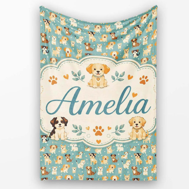 Cute Cartoon Puppy Dogs with Hearts Teal Background Seamless  Personalised Custom Name Super Soft Fleece Blanket Bed Sofa Throw