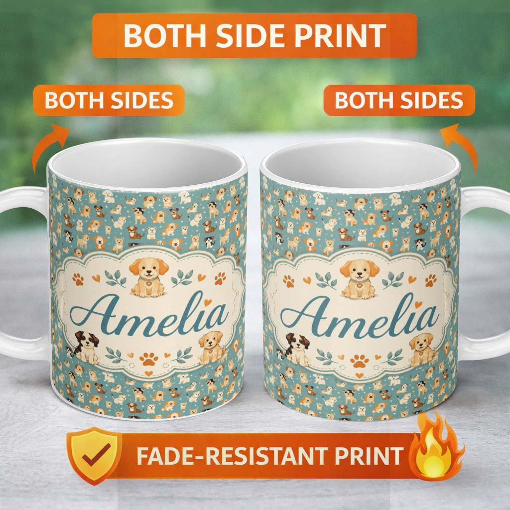 Personalized Custom Name Cute Cartoon Puppy Dogs with Hearts Teal Background Seamless 11oz Ceramic Coffee Tea Mug White Large Handle