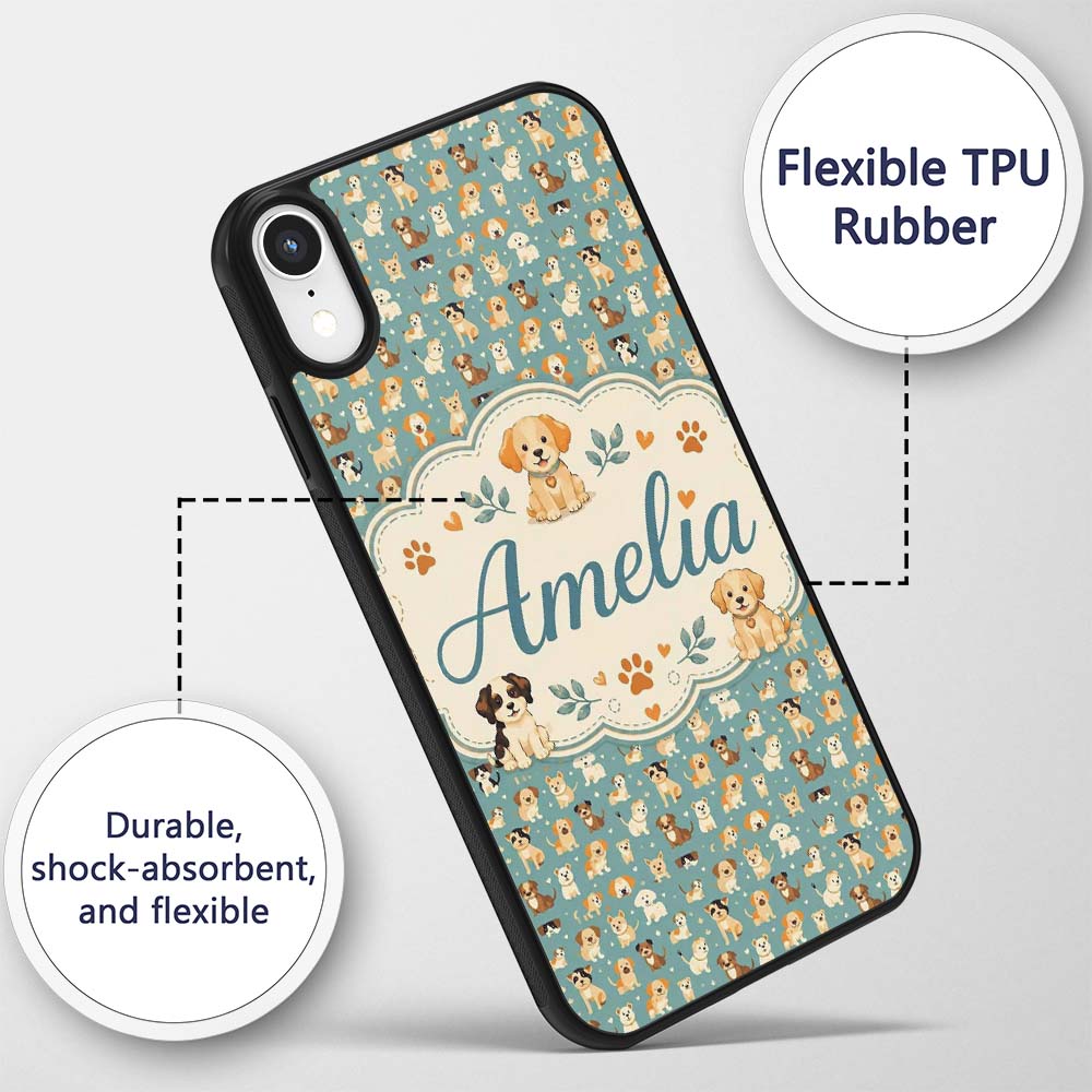 Cute Cartoon Puppy Dogs with Decorative Design Custom Name Protective Phone Case Mobile Cover Durable Everyday Smartphone Shock Resistant