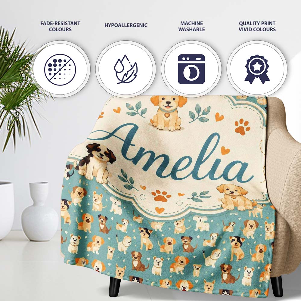 Cute Cartoon Puppy Dogs with Hearts Teal Background Seamless  Personalised Custom Name Super Soft Fleece Blanket Bed Sofa Throw