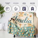 Cute Cartoon Puppy Dogs with Hearts Teal Background Seamless  Personalised Custom Name Super Soft Fleece Blanket Bed Sofa Throw