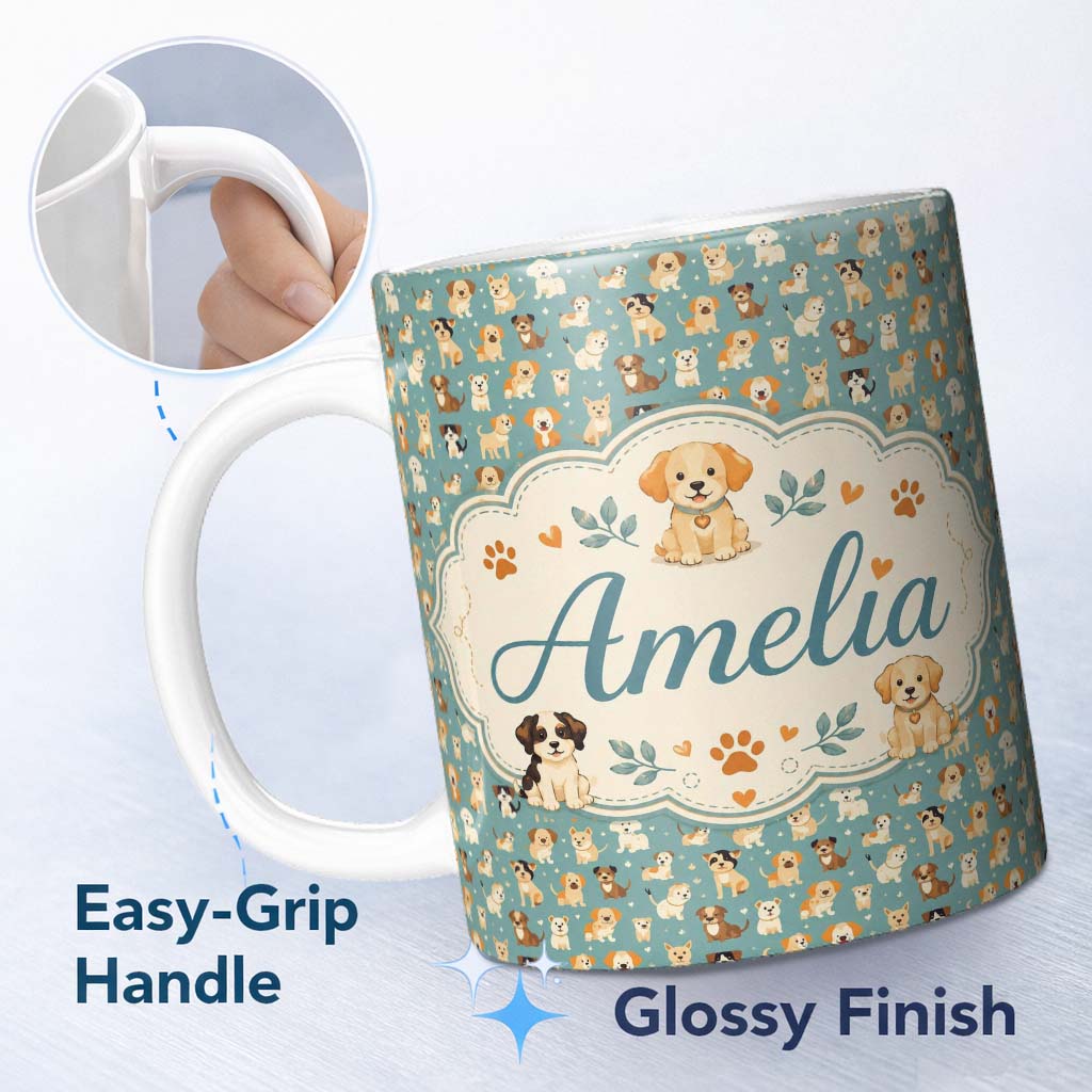 Personalized Custom Name Cute Cartoon Puppy Dogs with Hearts Teal Background Seamless 11oz Ceramic Coffee Tea Mug White Large Handle