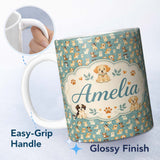 Personalized Custom Name Cute Cartoon Puppy Dogs with Hearts Teal Background Seamless 11oz Ceramic Coffee Tea Mug White Large Handle