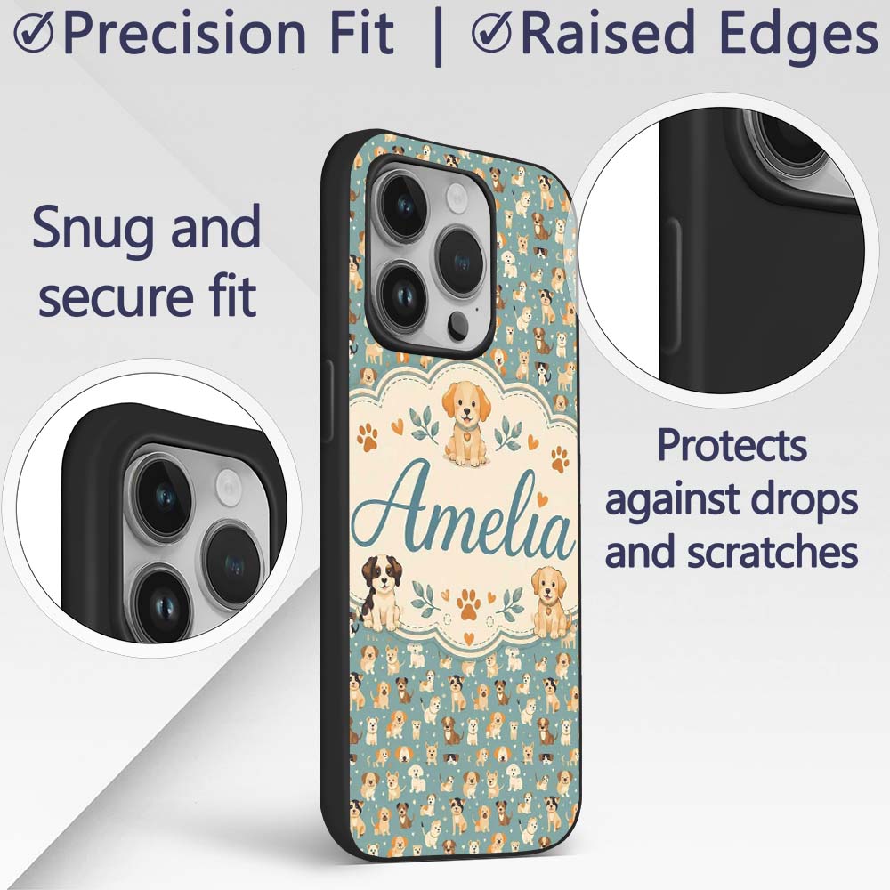Cute Cartoon Puppy Dogs with Decorative Design Custom Name Protective Phone Case Mobile Cover Durable Everyday Smartphone Shock Resistant