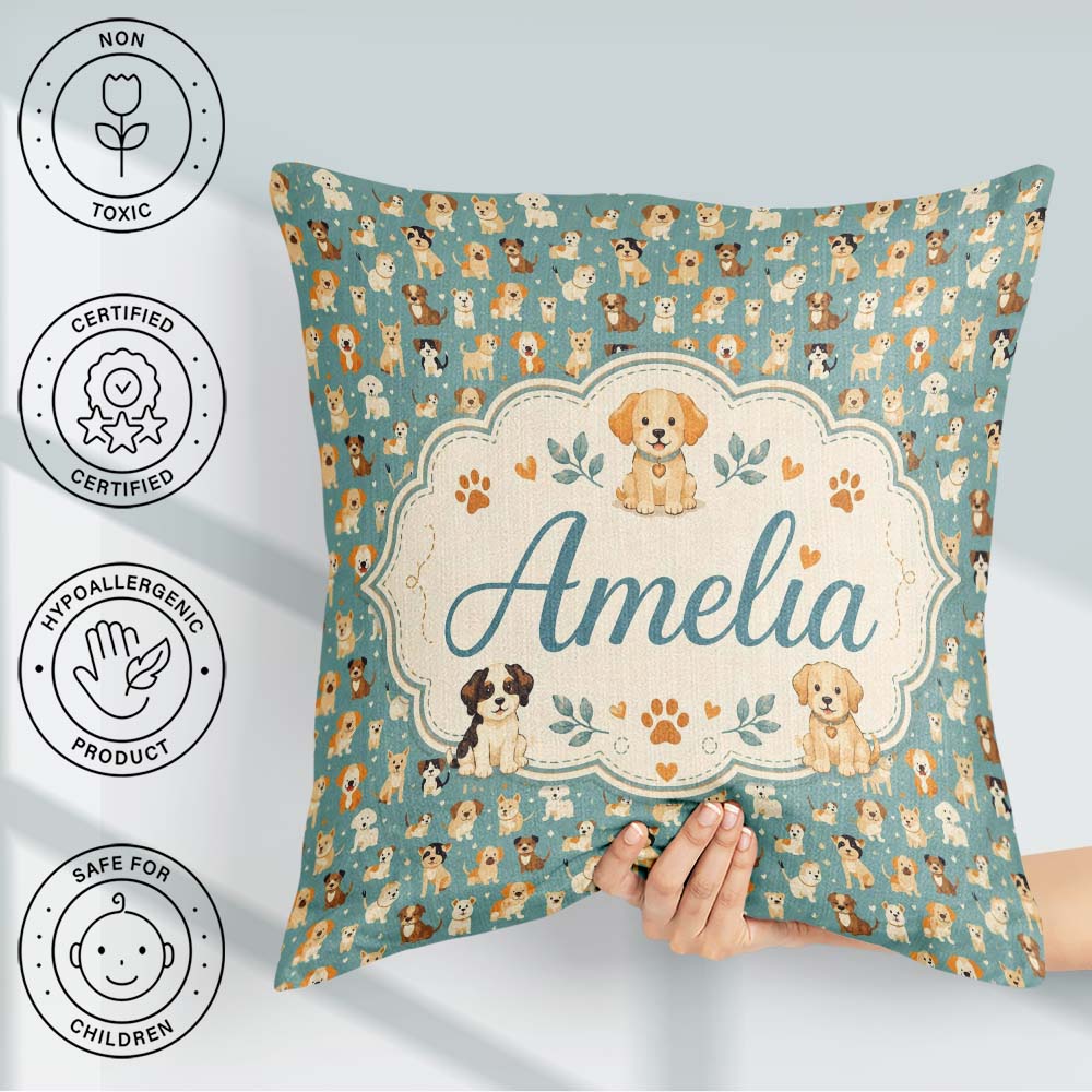Custom Name Cute Puppy Dogs with Hearts Teal Background Seamless Square Filled Cushion Throw Pillow Sofa Bed Home Decor Zip Washable UK Made