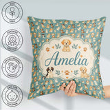 Custom Name Cute Puppy Dogs with Hearts Teal Background Seamless Square Filled Cushion Throw Pillow Sofa Bed Home Decor Zip Washable UK Made