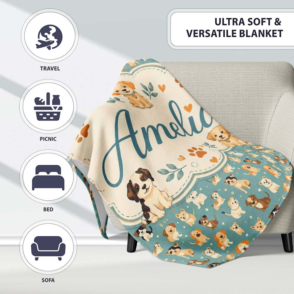 Cute Cartoon Puppy Dogs with Hearts Teal Background Seamless  Personalised Custom Name Super Soft Fleece Blanket Bed Sofa Throw