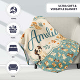 Cute Cartoon Puppy Dogs with Hearts Teal Background Seamless  Personalised Custom Name Super Soft Fleece Blanket Bed Sofa Throw