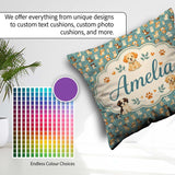 Custom Name Cute Puppy Dogs with Hearts Teal Background Seamless Square Filled Cushion Throw Pillow Sofa Bed Home Decor Zip Washable UK Made