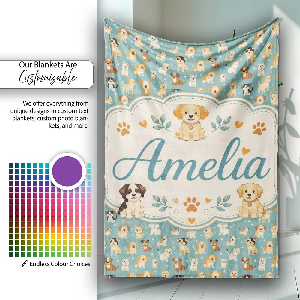 Cute Cartoon Puppy Dogs with Hearts Teal Background Seamless  Personalised Custom Name Super Soft Fleece Blanket Bed Sofa Throw