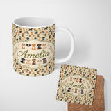 Personalized Custom Name Cute Mixed Breed Puppy Dogs on Beige Background Seamless Pattern 11oz Ceramic Coffee Tea Mug White Large Handle