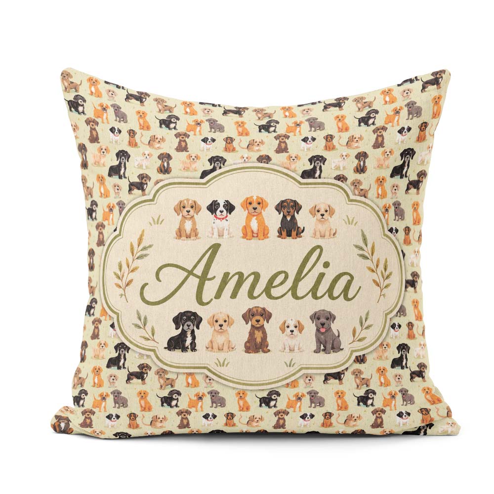 Custom Name Mixed Breed Puppy Dogs on Beige Background Seamless Square Filled Cushion Throw Pillow Sofa Bed Home Decor Zip Washable UK Made