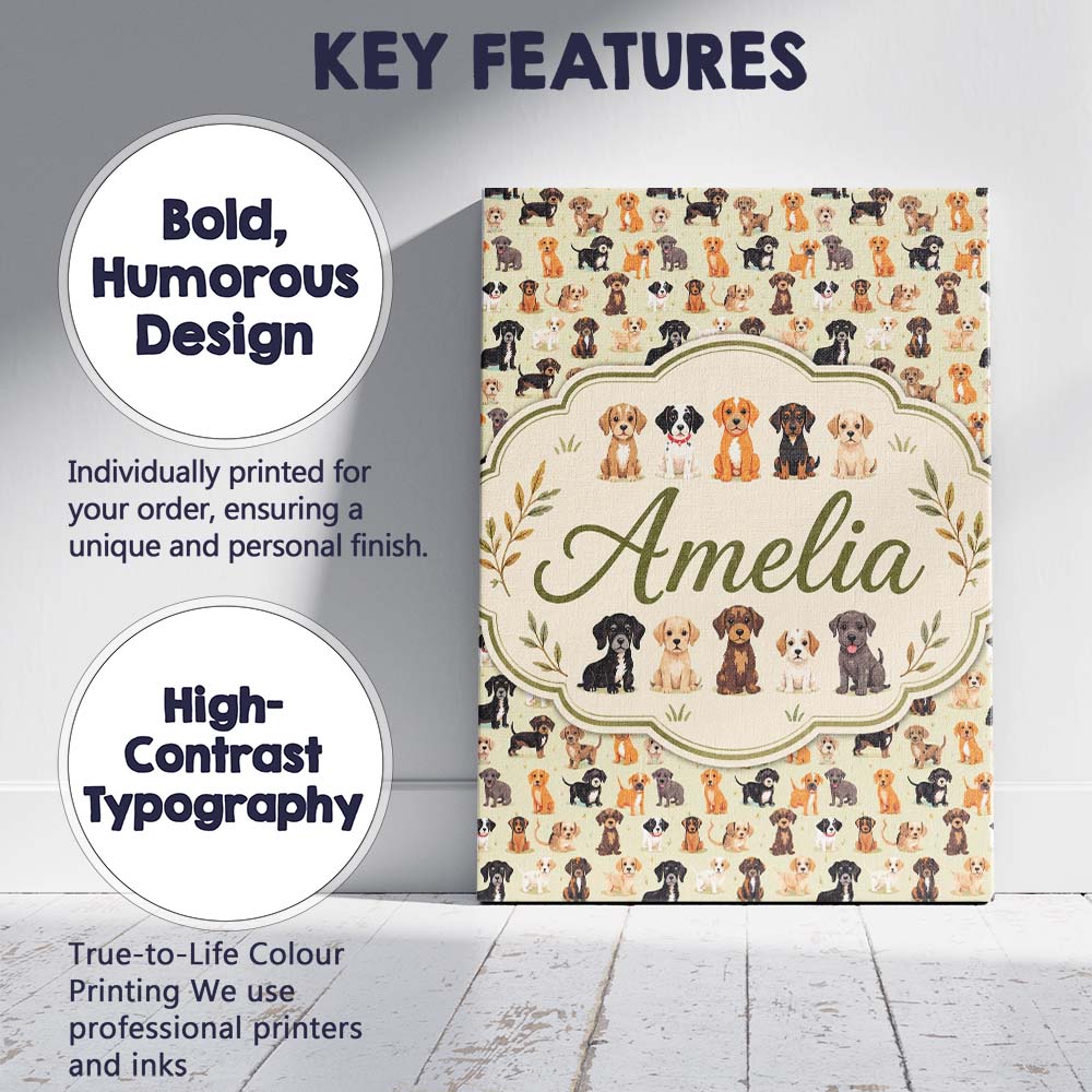 Personalised Name Cute Mixed Breed Puppy Custom  Unique Gift Idea Elegant Feature Canvas Wall Art Print Decor Picture Ready to Hang
