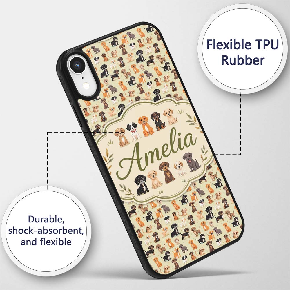 Cute Mixed Breed Puppy Dogs on Beige Background Custom Name Protective Phone Case Mobile Cover Durable Everyday Smartphone Shock Resistant