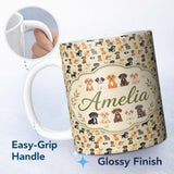 Personalized Custom Name Cute Mixed Breed Puppy Dogs on Beige Background Seamless Pattern 11oz Ceramic Coffee Tea Mug White Large Handle