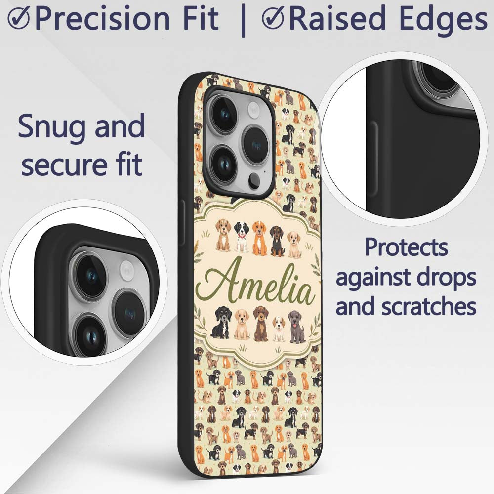 Cute Mixed Breed Puppy Dogs on Beige Background Custom Name Protective Phone Case Mobile Cover Durable Everyday Smartphone Shock Resistant