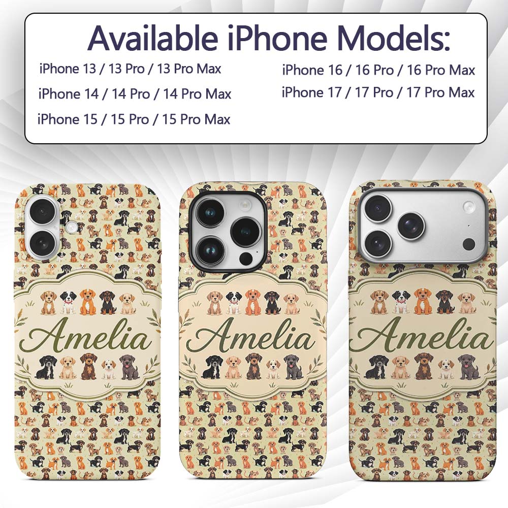 Cute Mixed Breed Puppy Dogs on Beige Background Custom Name Protective Phone Case Mobile Cover Durable Everyday Smartphone Shock Resistant