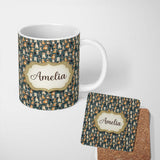 Personalized Custom Name Adorable Cartoon Dogs Sitting on Dark Teal Seamless Pattern Name 11oz Ceramic Coffee Tea Mug White Large Handle