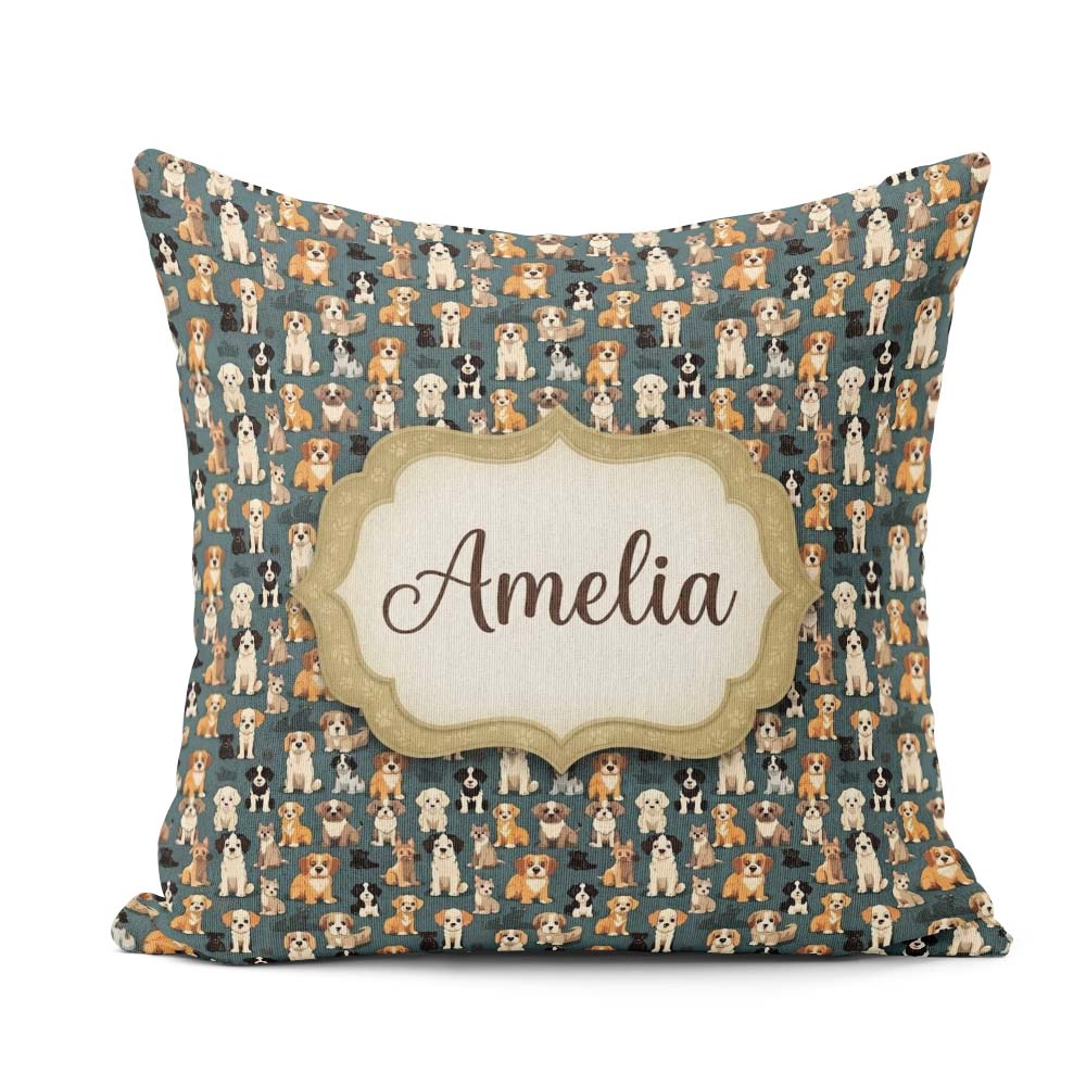 Custom Name Adorable Cartoon Dogs Sitting Dark Teal Pattern Name Square Filled Cushion Throw Pillow Sofa Bed Home Decor Zip Washable UK Made
