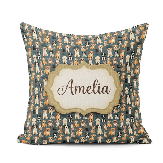 Custom Name Adorable Cartoon Dogs Sitting Dark Teal Pattern Name Square Filled Cushion Throw Pillow Sofa Bed Home Decor Zip Washable UK Made