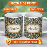 Personalized Custom Name Adorable Cartoon Dogs Sitting on Dark Teal Seamless Pattern Name 11oz Ceramic Coffee Tea Mug White Large Handle